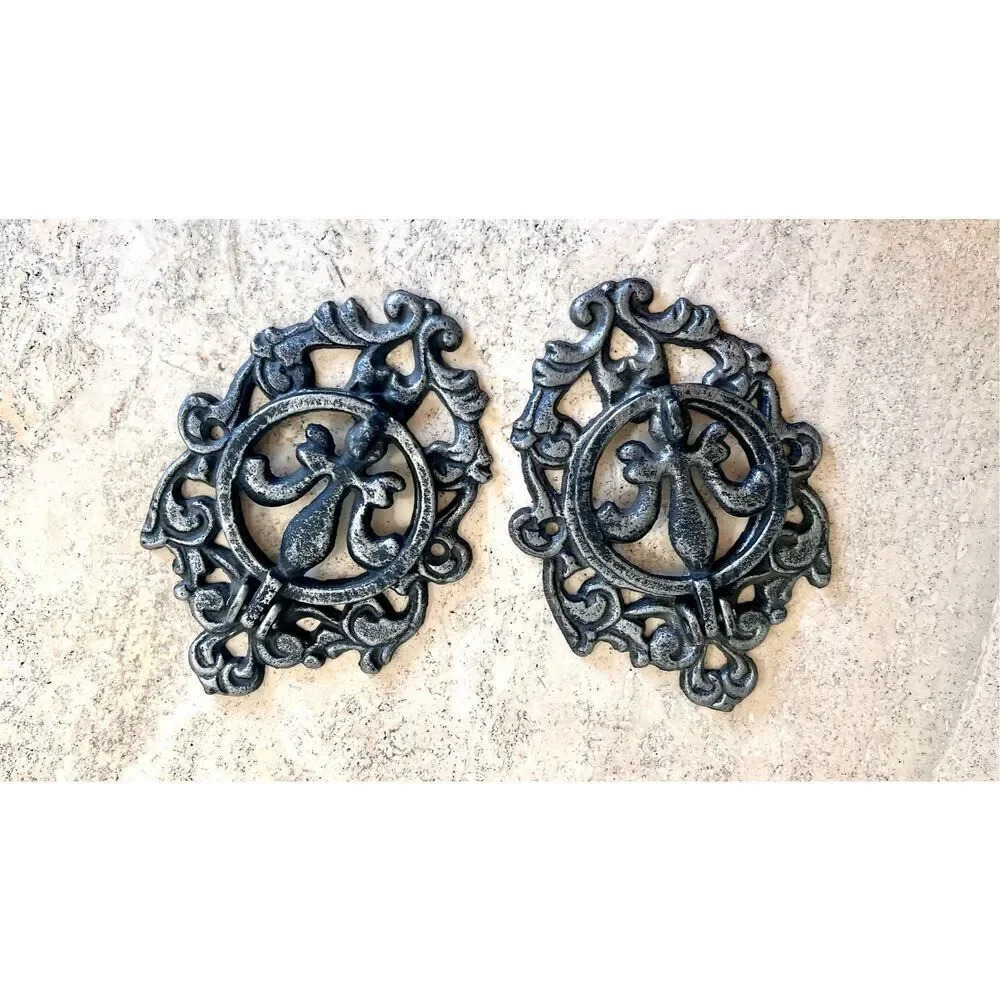 Vintage Set of 2 Fleur De Lis Design Cast Iron Door Knockers Black 6.5x4.5"